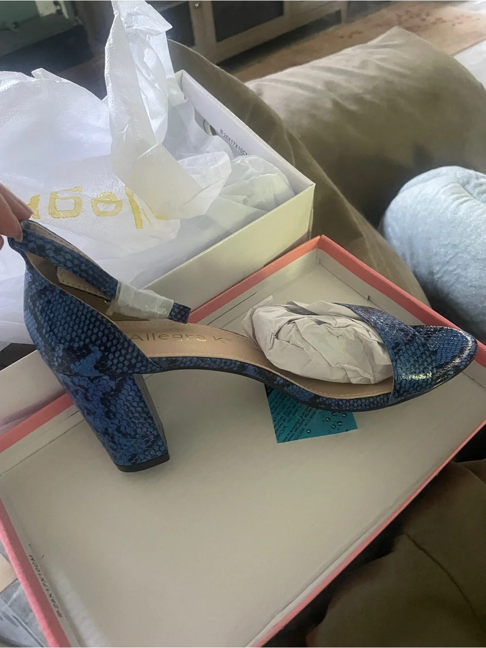 Allegra K Blue Snake-Print Ankle-Strap Block Heel Sandal